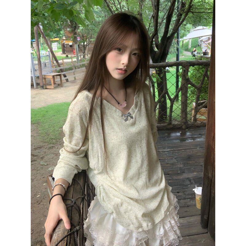 Women Fashion Style - Korean Style Sweet V-neck Bow Blouse