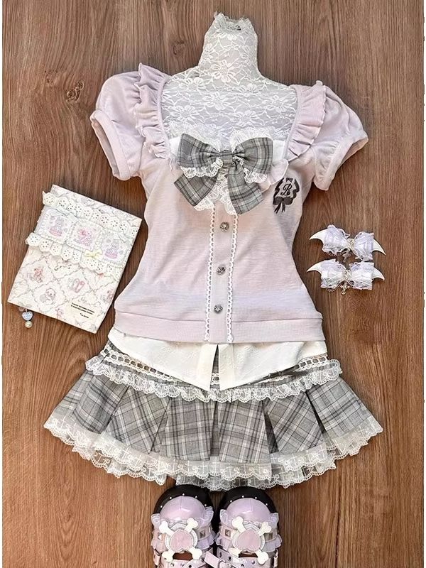 Women Fashion Style - Women's pink lace patchwork top with