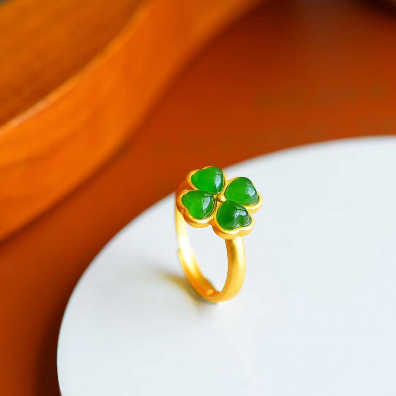 Women'S Fashion Rings Gold - Natural Green Jade Four-Leaf Clover Ring