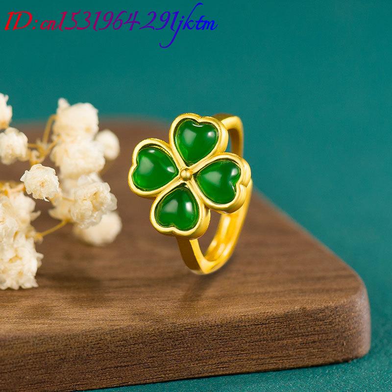 Natural Green Jade Four-Leaf C - đánh giá và giá Women'S Fashion Rings Gold