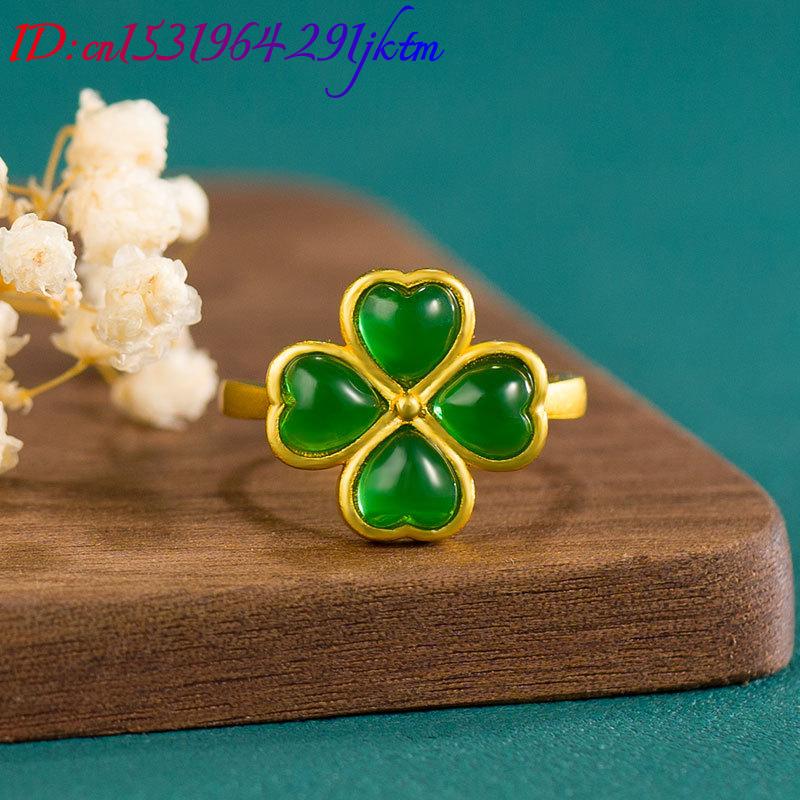 Natural Green Jade Four-Leaf C - đánh giá và giá Women'S Fashion Rings Gold