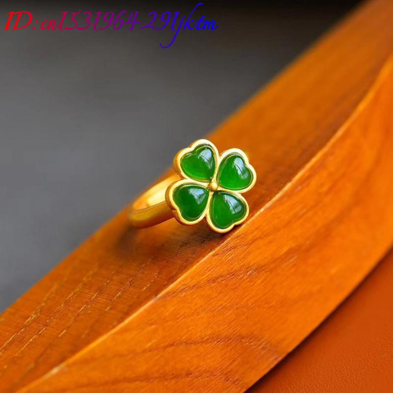 Natural Green Jade Four-Leaf C - đánh giá và giá Women'S Fashion Rings Gold